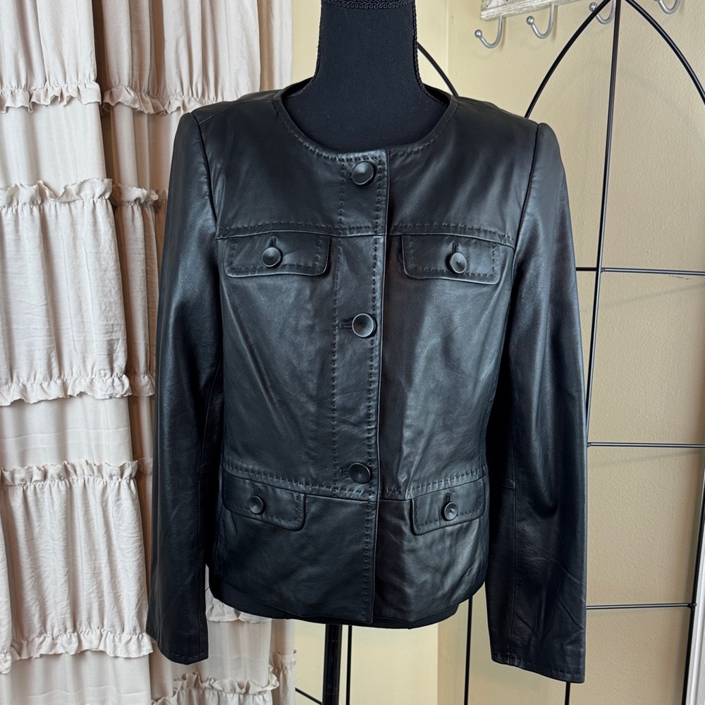 Talbots Classic Black Leather Jacket Size 10P NWT